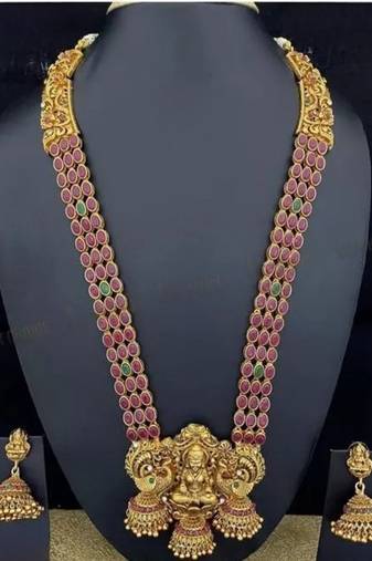 South indian gold plated matt finish temple necklace jewellery set with earrings