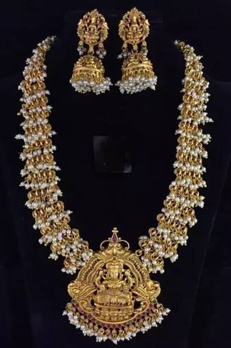 South indian gold plated matt finish temple necklace jewellery set with earrings