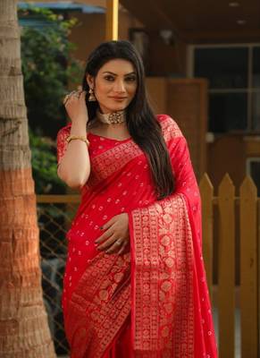 Handmade Bandhej Kanjivaram Silk Saree 1