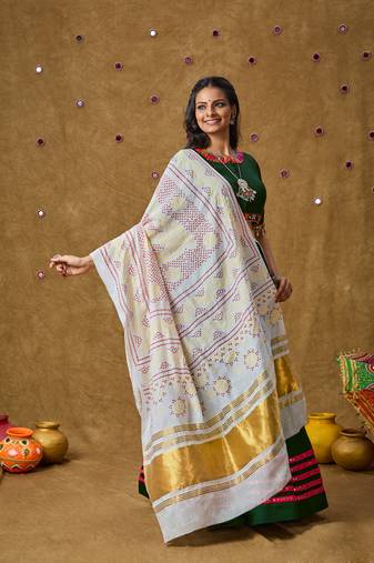 White Silk Bandhej Printed Garba Special Dupatta