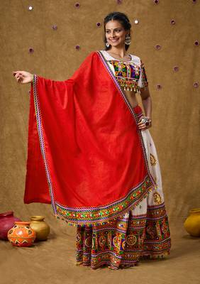 Red Cotton Embroidered Garba Special Dupatta 1
