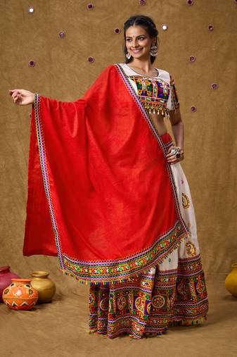 Red Cotton Embroidered Garba Special Dupatta