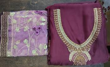 Purple satin georgette embroidered work festival long straight salwar suit dupatta semi stitched 4