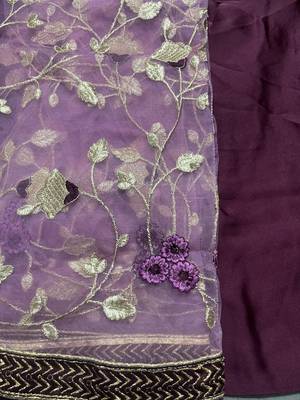 Purple satin georgette embroidered work festival long straight salwar suit dupatta semi stitched 5