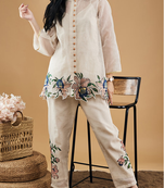 White gimichu coord set for women | stylish western co-ord set | embroidery work shirt pant cord set