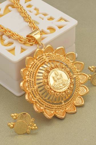Gold plated lotus lakshmi pendant with matching earrings