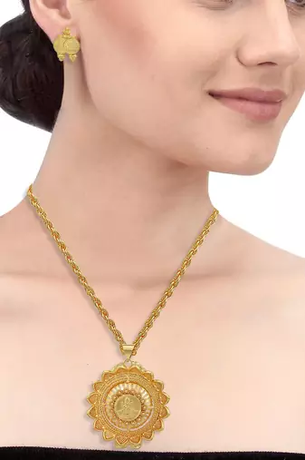 Gold plated lotus lakshmi pendant with matching earrings