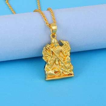 Gold-Plated Brass Pendant Necklace With Intricate Carved Design 1