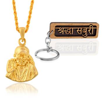 Brass gold plated, shirdi sai baba chain pendant & keyring combo accessory hindu combo jewellery 2