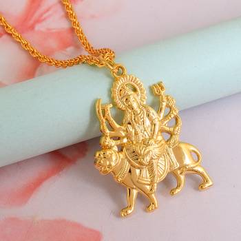 Brass goldplated vaishno mata kali sherawali ma durga chain pendant men women 1