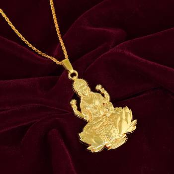 Brass micron antique goldplated both side dhan lakshmi chain pendant hindu temple jewellery 1