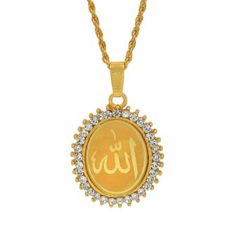  gold plated cz studded allah word embossed oval muslim islamic pendant for men/women boys girls 1