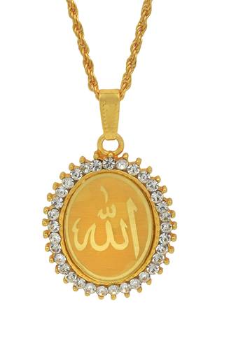   gold plated cz studded allah word embossed oval muslim islamic pendant for men/women boys girls