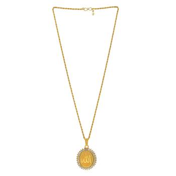   gold plated cz studded allah word embossed oval muslim islamic pendant for men/women boys girls 2