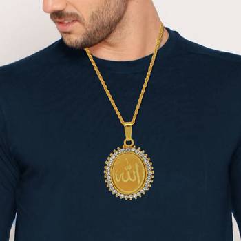   gold plated cz studded allah word embossed oval muslim islamic pendant for men/women boys girls 3