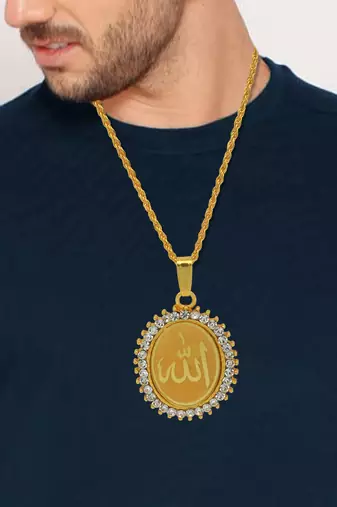   gold plated cz studded allah word embossed oval muslim islamic pendant for men/women boys girls