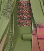 Green unstitched  suit set with kalamakri yoke paired with double dyed dupatta.
