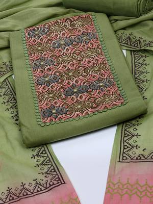 Green unstitched  suit set with kalamakri yoke paired with double dyed dupatta. 2