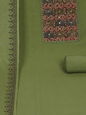 Green unstitched  suit set with kalamakri yoke paired with double dyed dupatta. 3