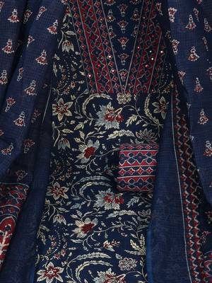 Blue unstitched traditional block printed suit set paired with kota doria printed dupatta. 1