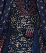 Blue unstitched traditional block printed suit set paired with kota doria printed dupatta.