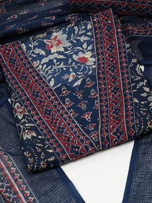 Blue unstitched traditional block printed suit set paired with kota doria printed dupatta. 2