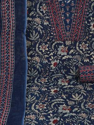 Blue unstitched traditional block printed suit set paired with kota doria printed dupatta. 3