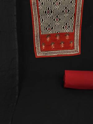 Black unstitched cotton suit set with mix-match yoke and contrast colour kota dupatta. 3