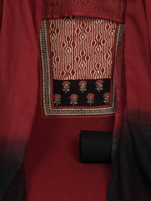 Maroon unstitched cotton suit set with mix-match yoke and contrast colour kota dupatta. 1