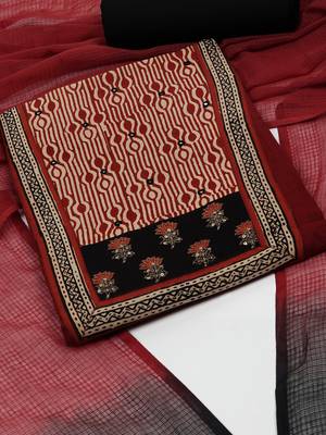 Maroon unstitched cotton suit set with mix-match yoke and contrast colour kota dupatta. 2
