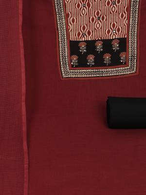 Maroon unstitched cotton suit set with mix-match yoke and contrast colour kota dupatta. 3