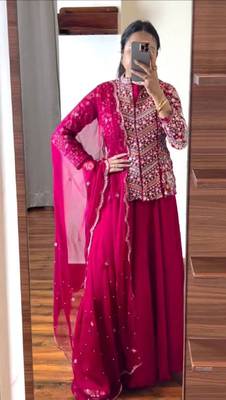  Georgette Embroidered Lehenga With Koti And Dupatta 1