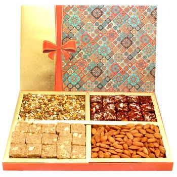 Healthy hampers - printed bow hamper box with almonds, sugarfree dates figs bites, granula bites and namkeen. 1