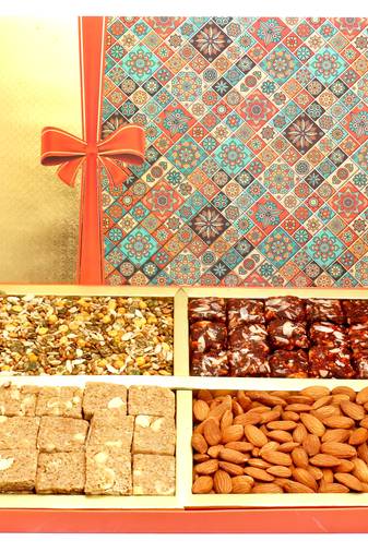 Healthy hampers - printed bow hamper box with almonds, sugarfree dates figs bites, granula bites and namkeen.