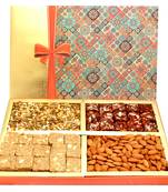 Healthy hampers - printed bow hamper box with almonds, sugarfree dates figs bites, granula bites and namkeen.