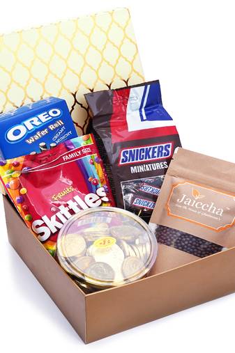 Golden hamper box of chocolate coated rice crispies pack of skittles snickers, gold coin chocolates and oreo wafers roll