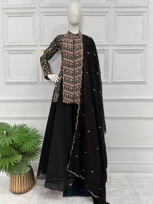  Georgette  Embroidered Lehengas With Koti And Dupatta 3