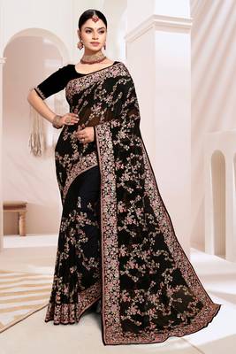 Zari Resham Embroidered Georgette Saree In Black With Matching Blouse Piece 1