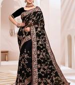 Zari Resham Embroidered Georgette Saree In Black With Matching Blouse Piece