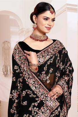 Zari Resham Embroidered Georgette Saree In Black With Matching Blouse Piece 2