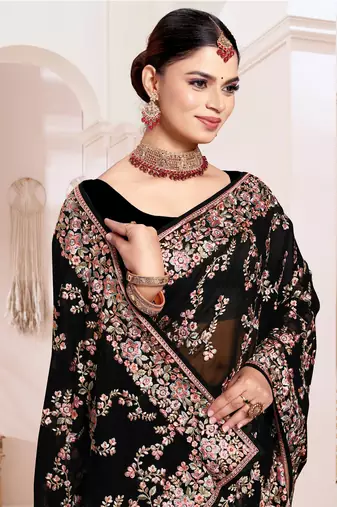 Zari Resham Embroidered Georgette Saree In Black With Matching Blouse Piece