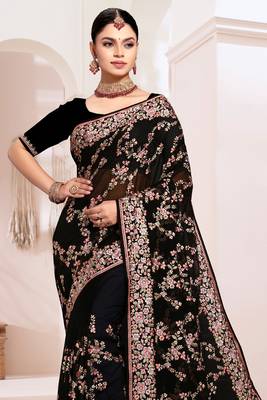 Zari Resham Embroidered Georgette Saree In Black With Matching Blouse Piece 3