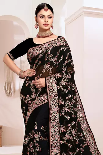 Zari Resham Embroidered Georgette Saree In Black With Matching Blouse Piece