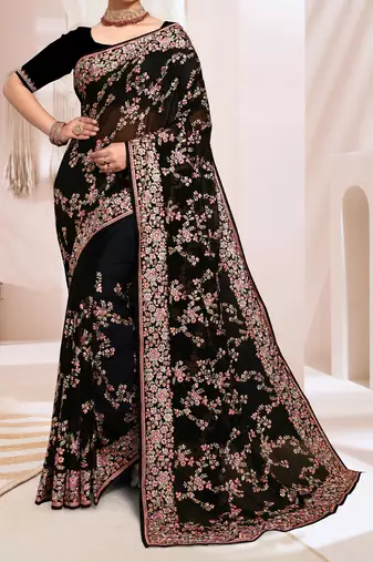 Zari Resham Embroidered Georgette Saree In Black With Matching Blouse Piece