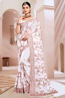 Zari Resham Embroidered Georgette Saree In White With Matching Blouse Piece 1