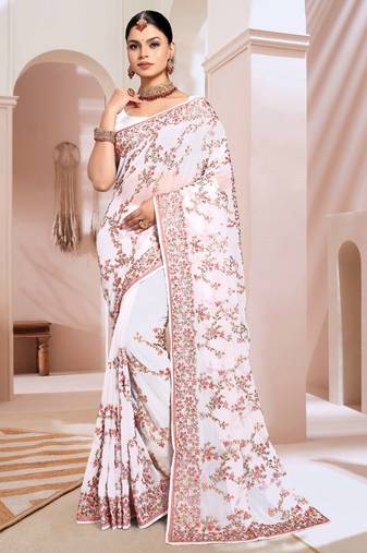 Zari Resham Embroidered Georgette Saree In White With Matching Blouse Piece
