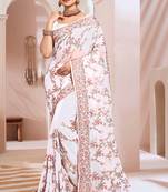 Zari Resham Embroidered Georgette Saree In White With Matching Blouse Piece