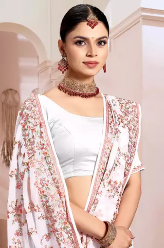 Zari Resham Embroidered Georgette Saree In White With Matching Blouse Piece