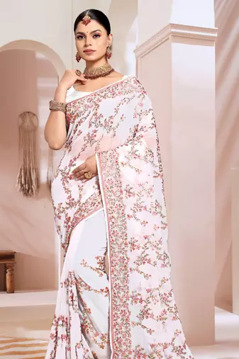 Zari Resham Embroidered Georgette Saree In White With Matching Blouse Piece