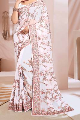 Zari Resham Embroidered Georgette Saree In White With Matching Blouse Piece 4